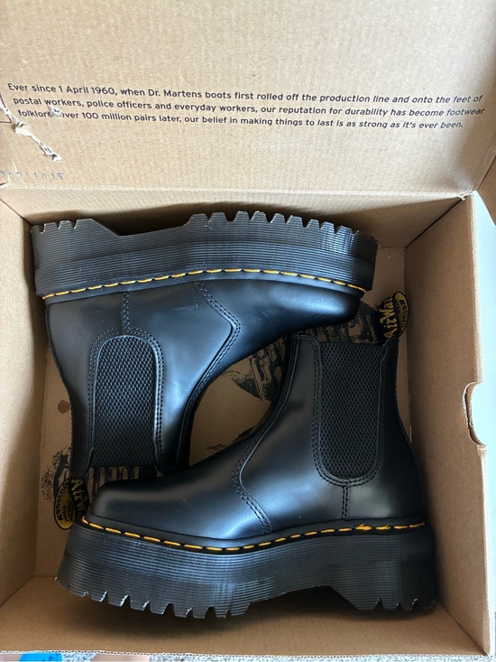 Dr. Martens Shoes - Dr. Martens Black Leather Platform Chelsea Boots with Yellow Stitching